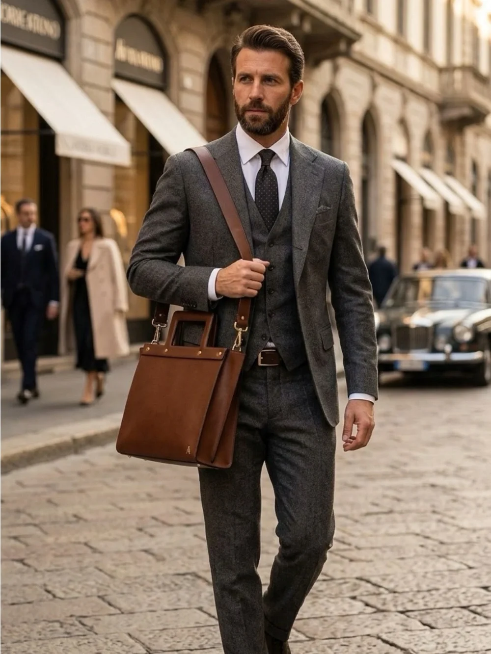 Brown Structured Leather Tote with Top Handle. Made in Italy
